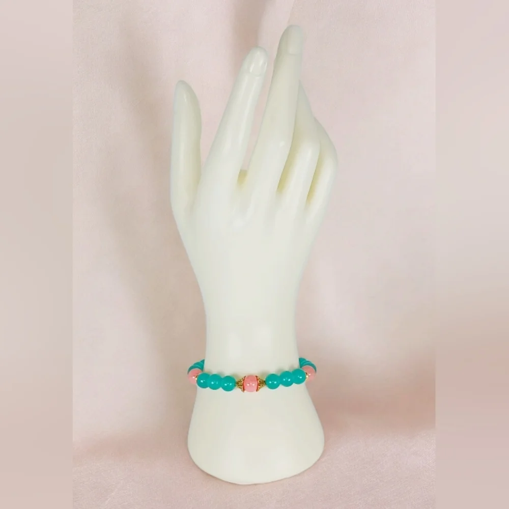 Teal Chrysoprase Peach Jade Stretch Bracelet Western Aztec Southwestern Beachy
